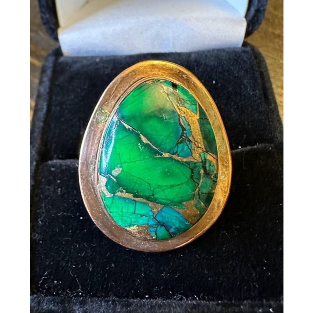 Green Copper Dahlia Turquoise Pure Copper Bypass Ring Size 9